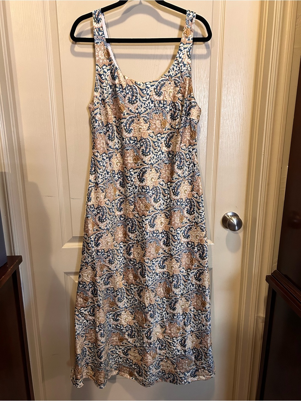 DREW Blue and Tan Floral Scoop-Neck Midi Dress
